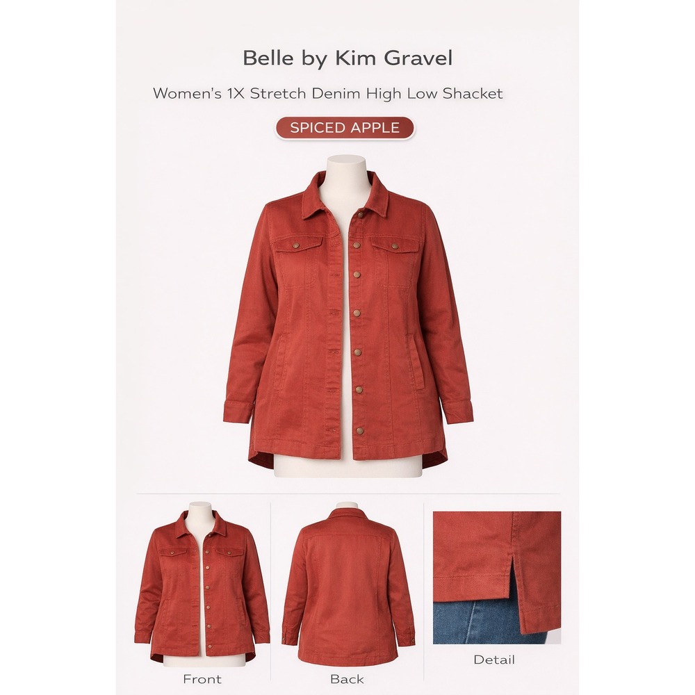 Belle by Kim Gravel Womens 1X Stretch Denim High Low Snap Front‎ Shacket Red 1X
